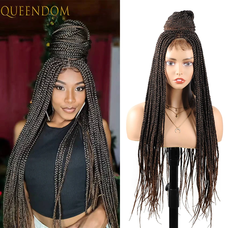 Synthetic Box Braided Lace Front Wig with Baby Hair Ombre Brown box braided Wig for Black Women 30