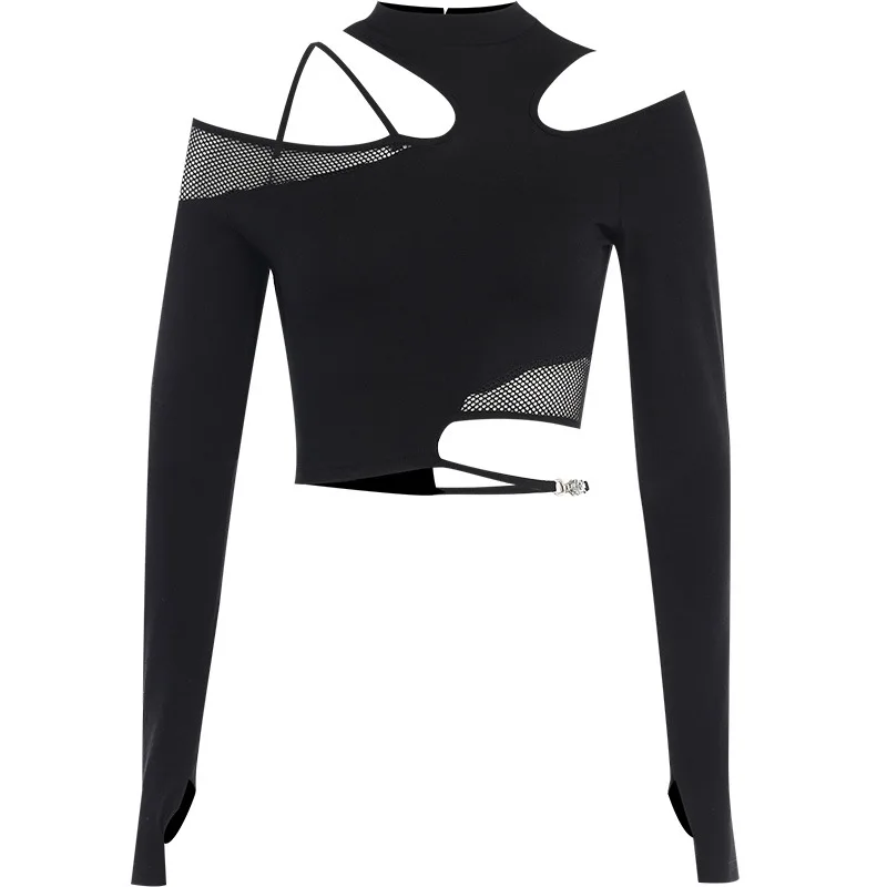 

Women Fairy Harajuku Gothic Tshirt Black Long Sleeve Hollow Out Cropped Top Womens T Shirts Punk Y2K Streetwear