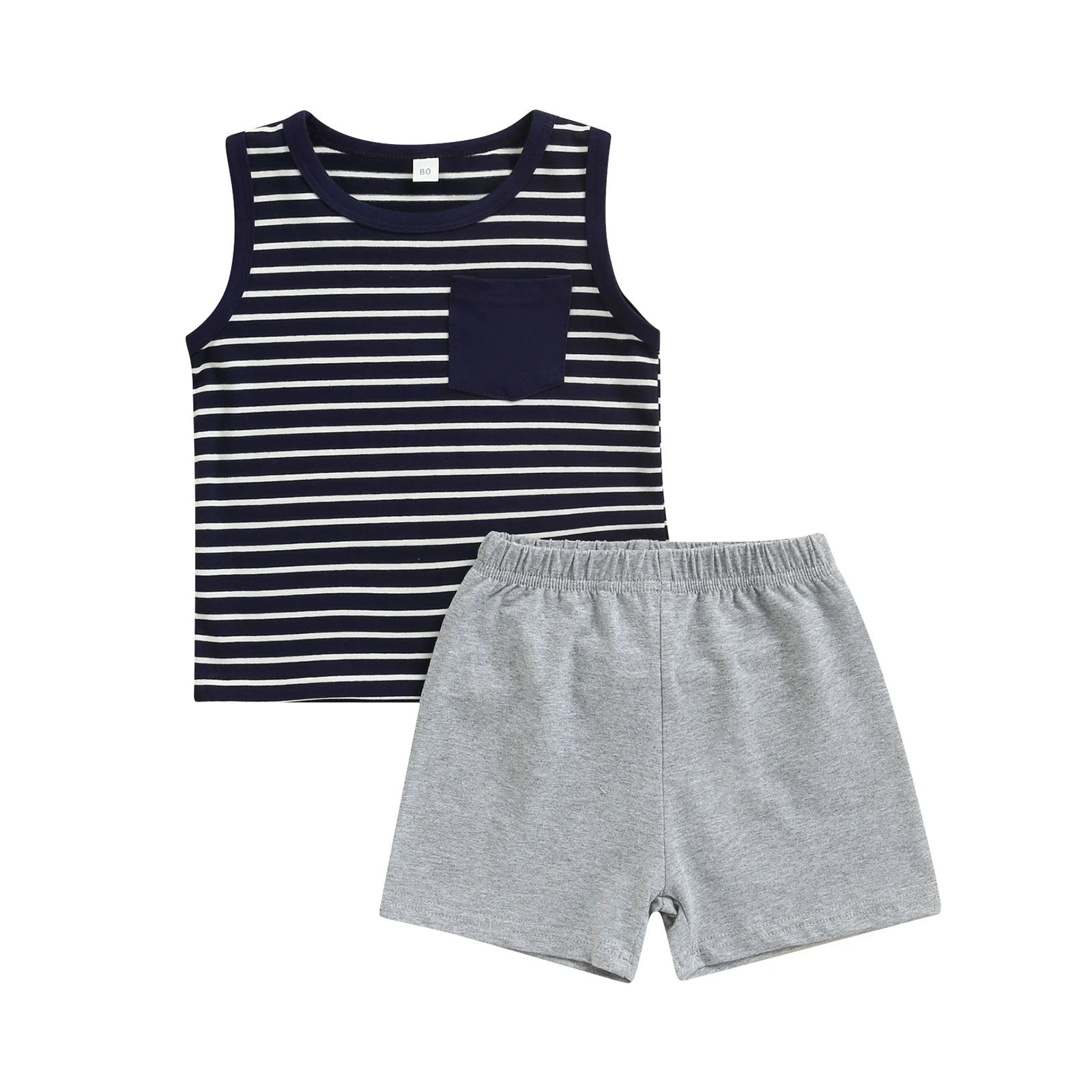 

Kids Baby Boys Clothing Summer Cotton Suit Striped Printed Sleeveless Round Neck Pocket Tanks Tops Solid Color Short Pants