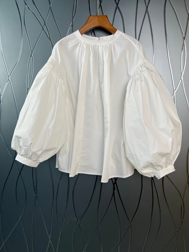 

2022 new women fashion lantern bubble long sleeve round neck irregular sleeve all-match top 802