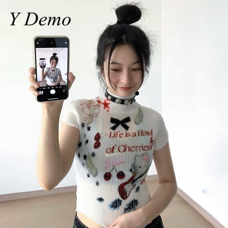 

Y Demo Y2k Cute Cartoon Print Short Sleeve O-Neck Short Crop Tops Women's Slim Summer T-shirt