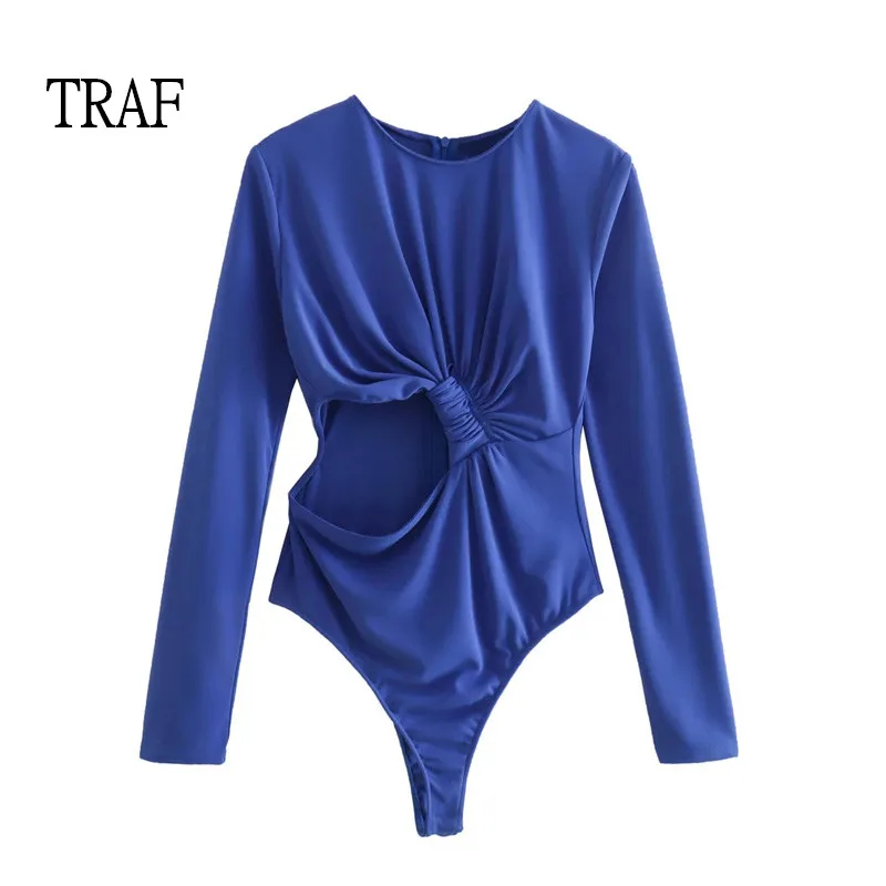

TRAF Blue Women Jumpsuit 2022 Sexy Cutout Elegant Pleated Long Sleeve Tops Woman Clothing Vintage Jumpsuits Chic Streetwear