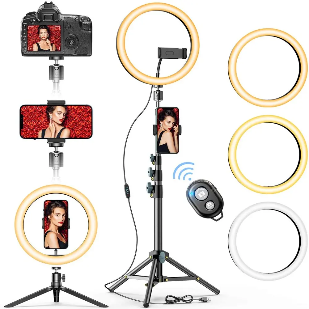 

10" Selfie Ring Light with Tr Stand & Phone Holder, Desk Beauty Circle LED Ringlight for Makeup Photography Live Steaming Camer