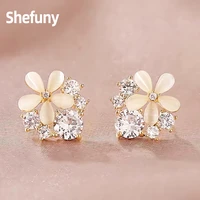 925 sterling silver flower opal stud earrings round cubic zirconia geometric earrings for women fine jewelry anniversary gift