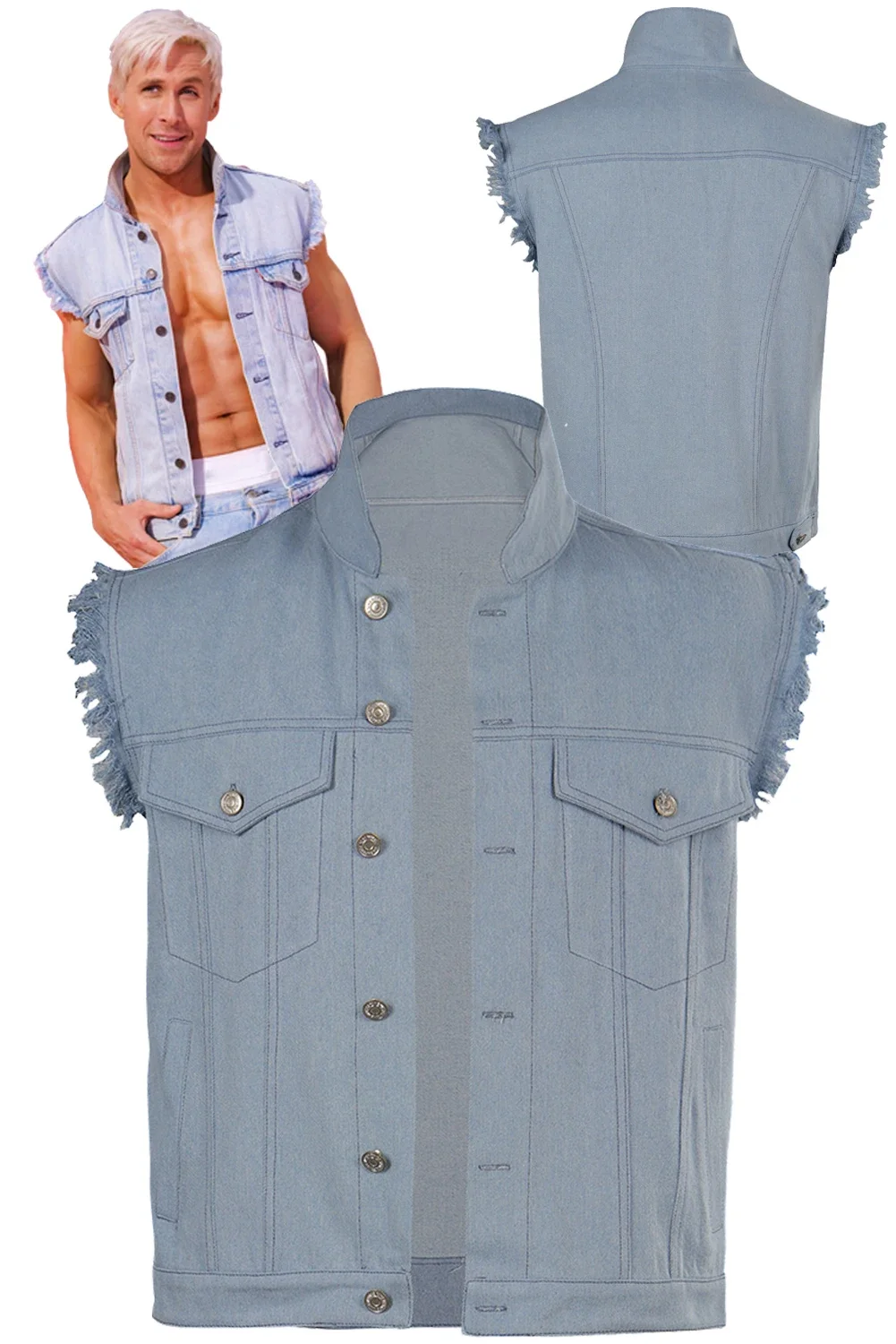 

Boyfriend Ken Cosplay Fantasia Sleeveless Jeans Jacket 2023 Movie Barbei Costume Adult Men Fantasy Denim Vest Male Halloween