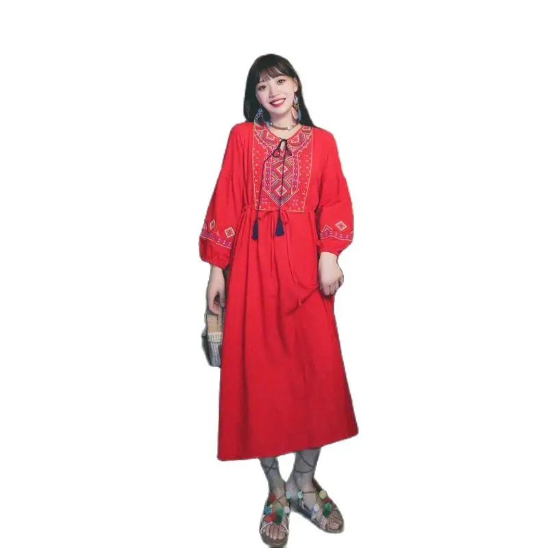 

2022 Bohemia Ethnic Style Heavy Industry Cross Embroidery Tassel Cotton and Flax Dress Free Shipping