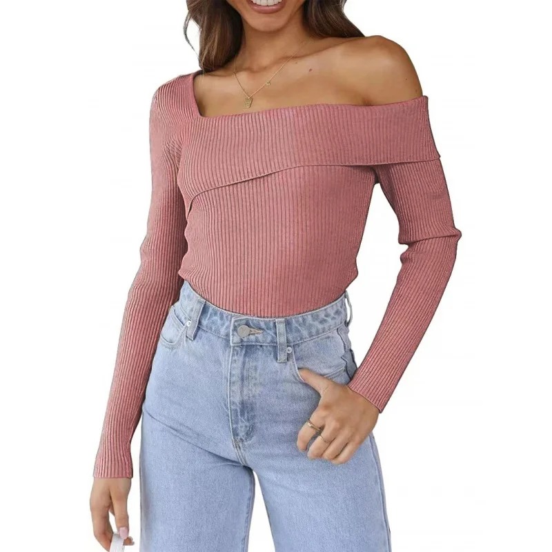 Новый осенне-зимний эластичный трикотаж с обнаженным плечами в Европе и Америке