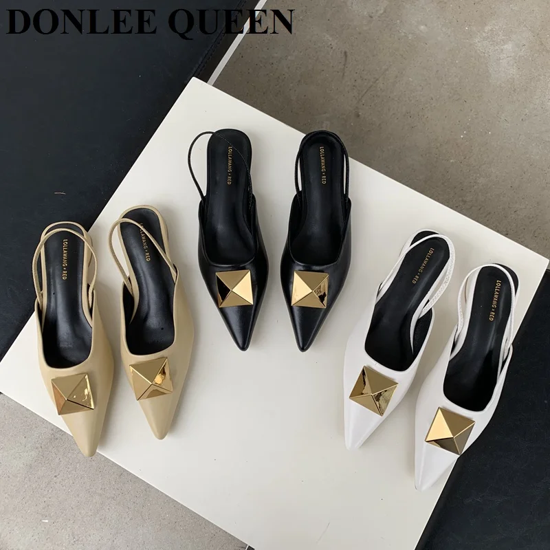 

Brand Rivet Sandals Women Flat Heel Mules Fashion Pointed Toe Slingback Shoes Elegant Slide Slip On Outdoor Flip Flops Sandalias