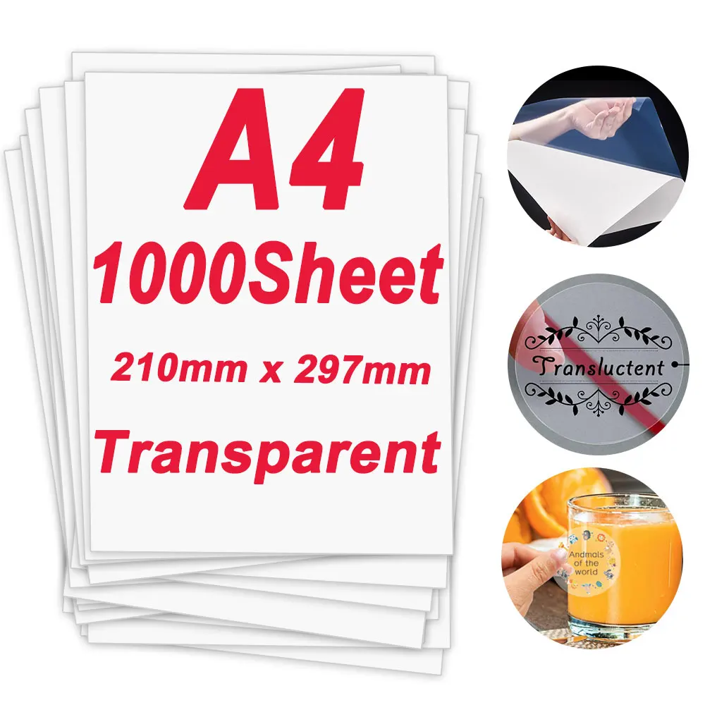 1000 Sheet Printable Vinyl Sticker Paper A4 PET Transparent Waterproof Self-Adhesive Paper DIY Adhesive Label for Inkjet Printer