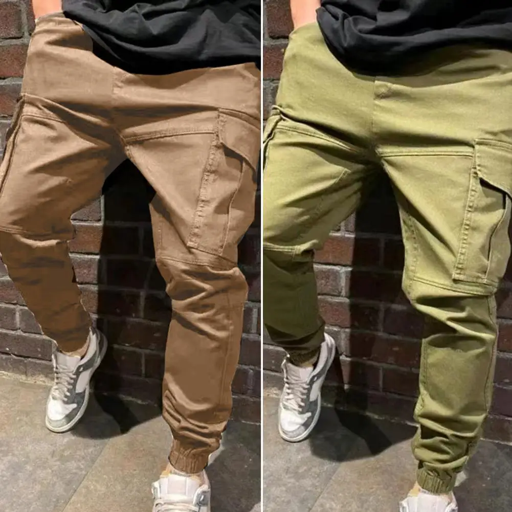 

2022 Summer Men Pants Solid Color Drawstring Multiple Pockets Relaxed Fit Cotton Blend Cargo Pants Streetwear