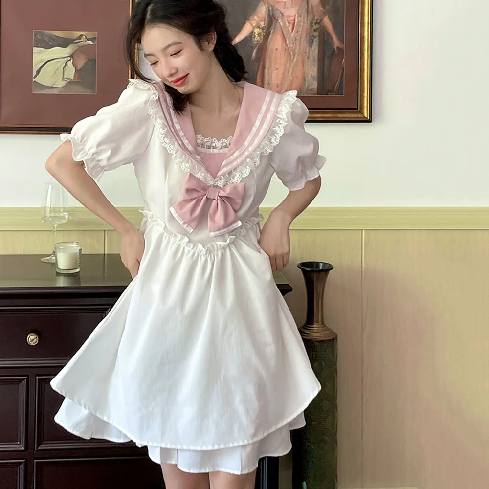 

Japanese Kawaii Sweet JK Dress Women Fashion Girl Lolita Pink Bow Lace Sailor Neck Puff Sleeves Cute Summer Dress Daily Casual