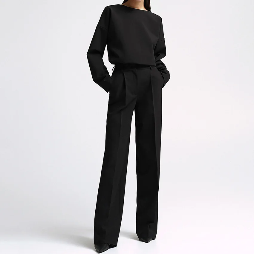 

20223 Autumn and winter new women's casual commuter black simple suit two-piece wide foot pants with long sleeves