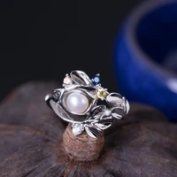 925 sterling silver retro freshwater pearl branch rings for women chinese style zircon leaf adjustable open ring wholesale jz059