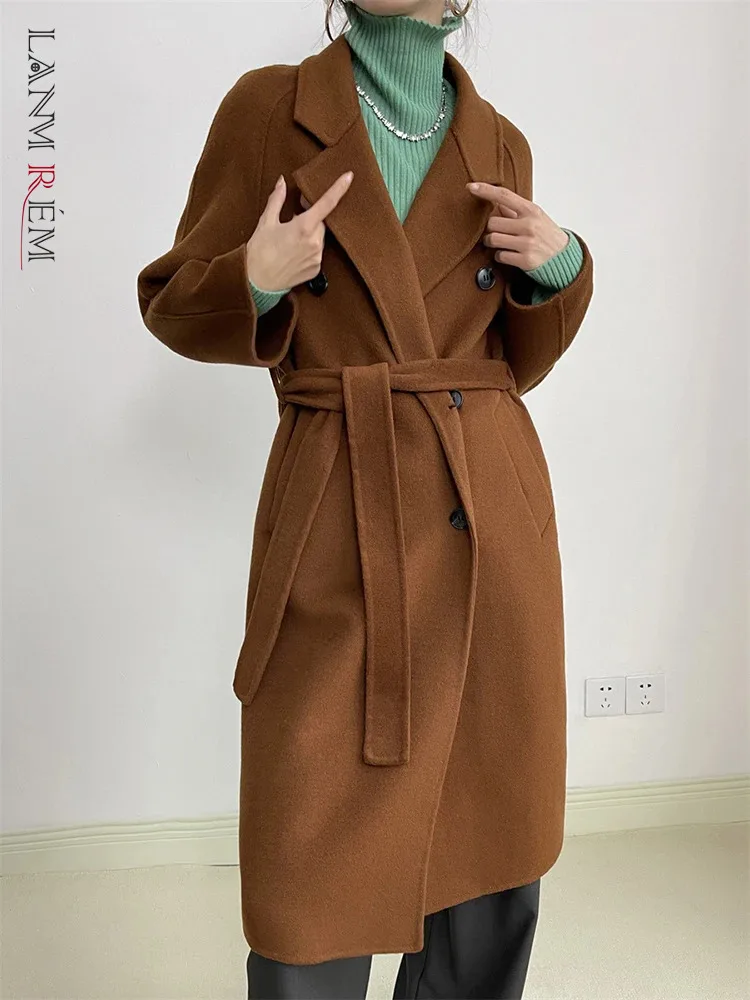 

[LANMREM] High End Lace-up Design Wool Coats For Women Solid Double Breasted Elegant Warm Outwear 2023 Winter New 26D7020