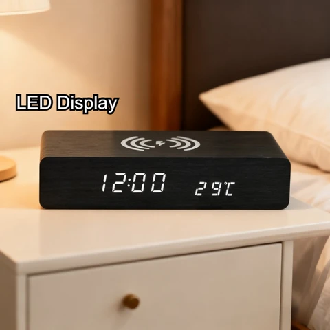 Цифровой будильник в тонах дерева со светодиодным дисплеем, беспроводная зарядка, время, температура, дата для спальни, квартиры, украшения дома