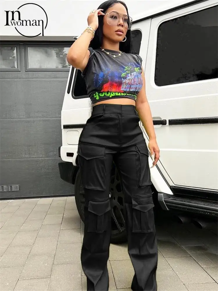 

Женские однотонные брюки-карго с карманами, с высокой талией