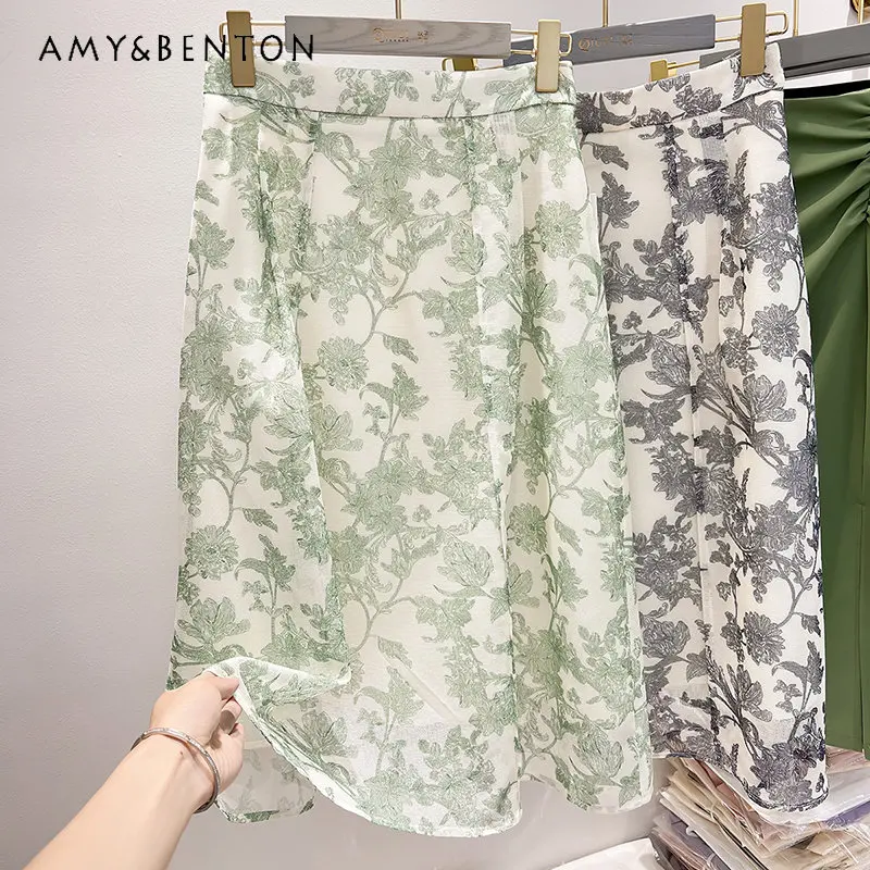 

2023 Summer New Korean Style Elegant Slimming Skirt High Waist Leaves Printed Mid-Length Chiffon Skirt for Women