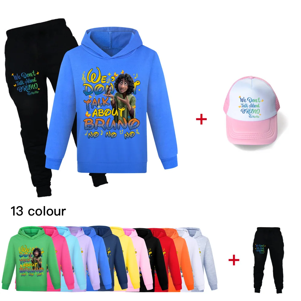 

New Baby Clothing Kids Birthday Suit Boys Tracksuit Kids Cartoon Encanto Print Tracksuit Hoodie Top + Pants + Cap 3 Piece Set