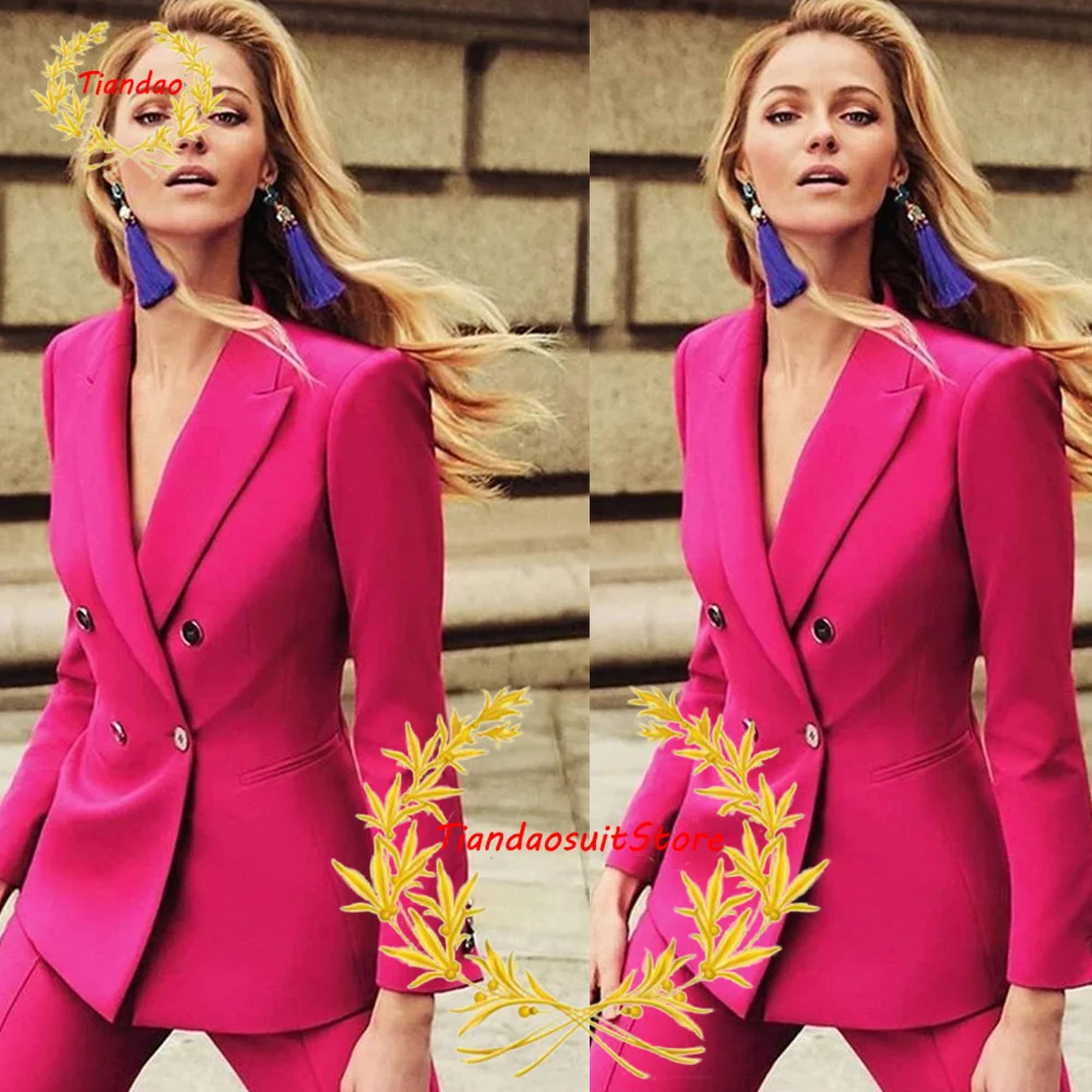 Formal Women's Suit 2 Piece Double Breasted Jacket Pants Rose Red Wedding Dress Business Office Lady Workwear Blazer Set