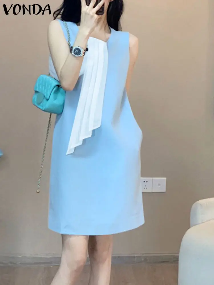 

Summer Mini Dress 2023 VONDA Women Elegant Office Lady Dress Pleated Sleeveless Beach Sundress Casual Streamer Short Vestidos