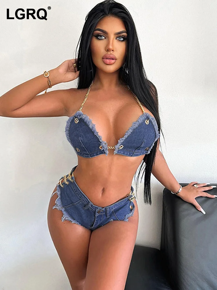 

Женский джинсовый комплект из 2 предметов LGRQ, с V-образным вырезом и открытой спиной, с металлической цепочкой и шортами с высокой талией и ки...