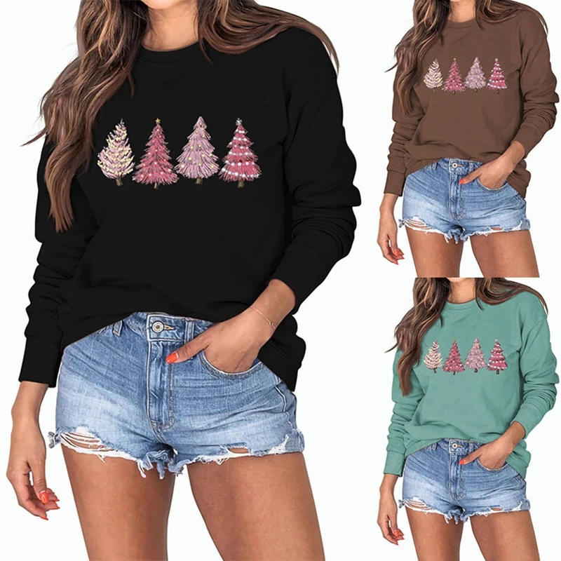 New cotton autumn and winter fashion women's retro round neck Christmas tree printed long sleeved Christmas sweater