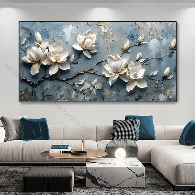 Абстрактная художественная 3D-картина белых цветов магнолии на сером фоне