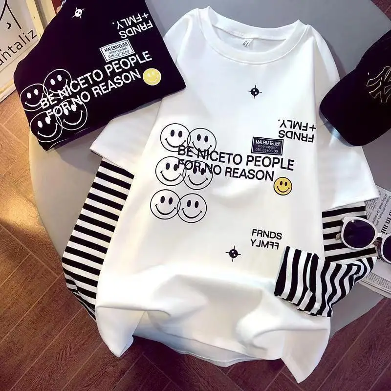 Tshirts for Women Summer Korean Fashion Loose Cotton Smiley Print Fake Two Piece Long Sleeved Top Designer Clothes Women Luxury