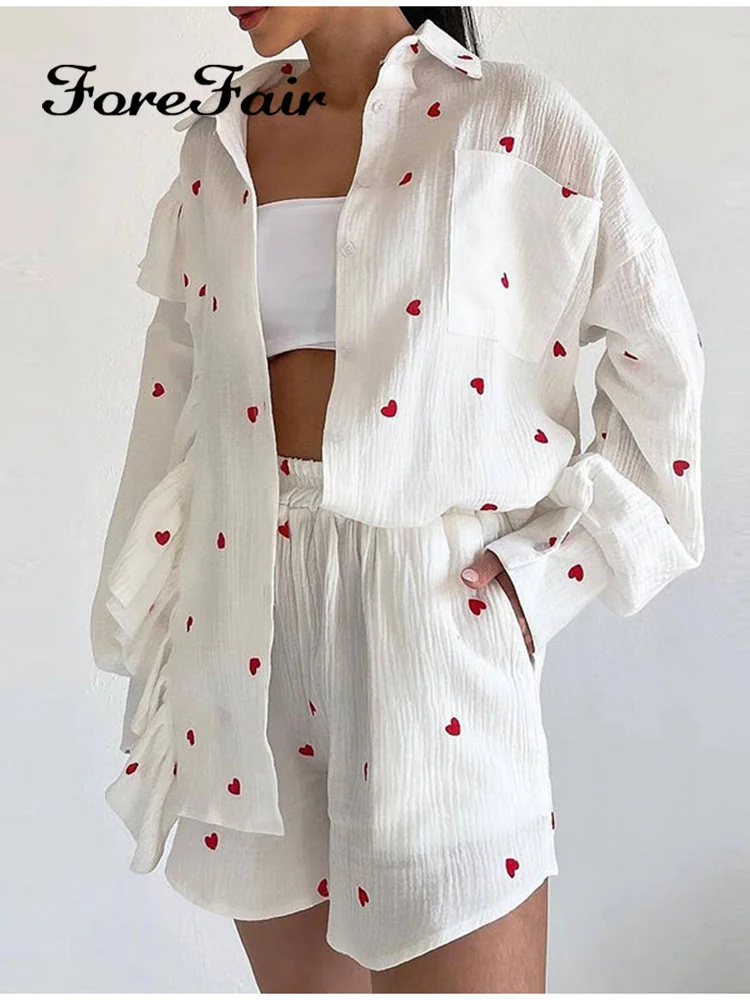 

Forefair Casual Love Print Shorts Suit And Lapel Shirt Top 2 Pieces Set Women Flounce Single Breasted Elastic Waist Pant Outfit