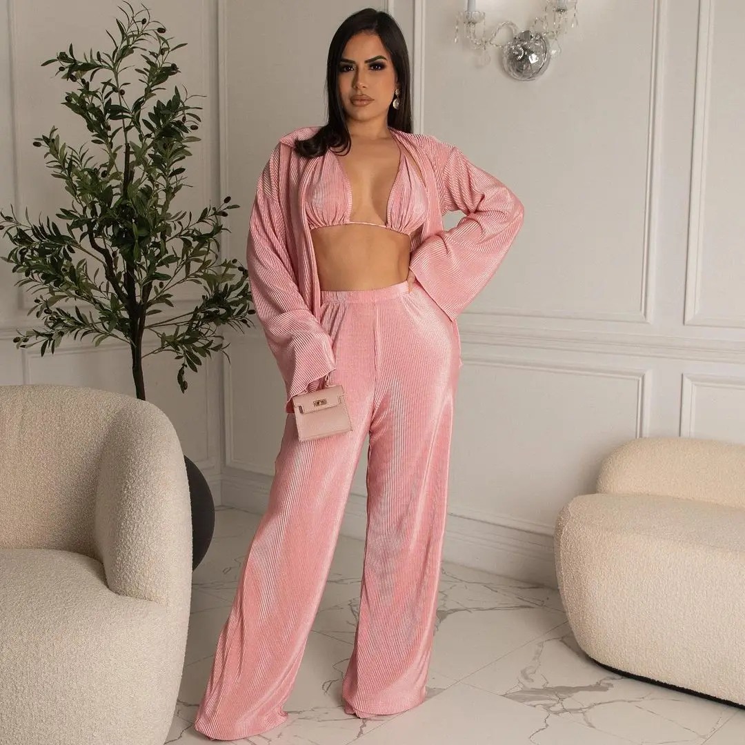 

Женский плиссированный Комплект из трех предметов, повседневный комплект из жилета и брюк с широкими штанинами, женская уличная одежда на лето 2022