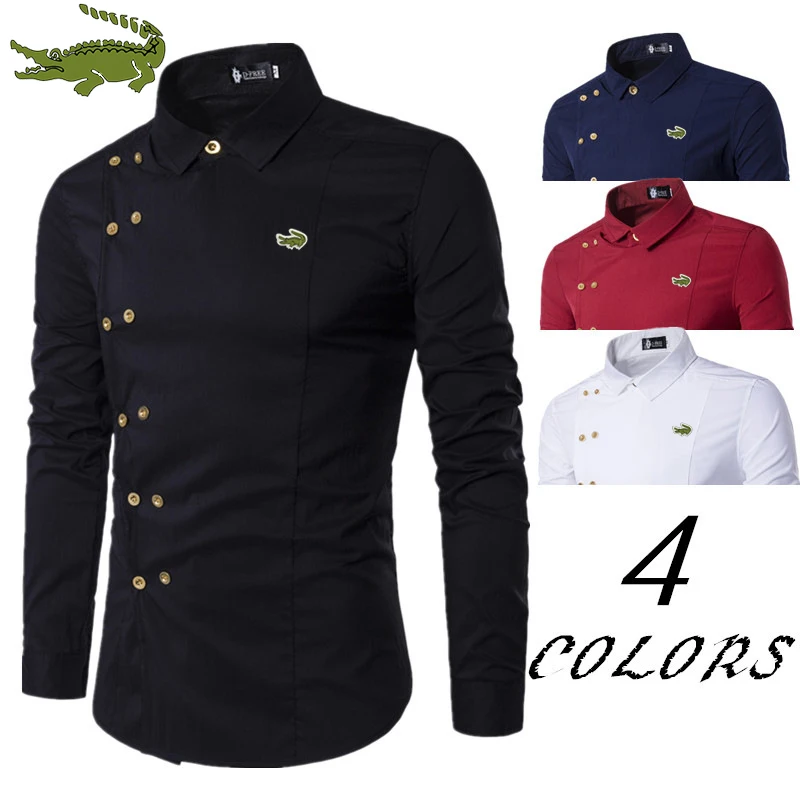 

2022 High Quality Spring Shirts Men Personality Oblique Button Irregular Double Breasted Men Long Sleeve Male Slim Fit Shirt