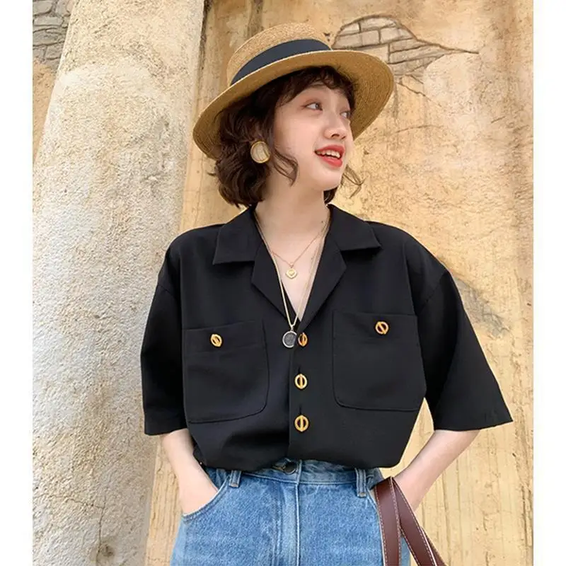 

French Black Vintage Shirt Women's 2023 Summer Design Sense V-neck Short Sleeve Elegant Chiffon Top Unique Shirt Camisas Mujer