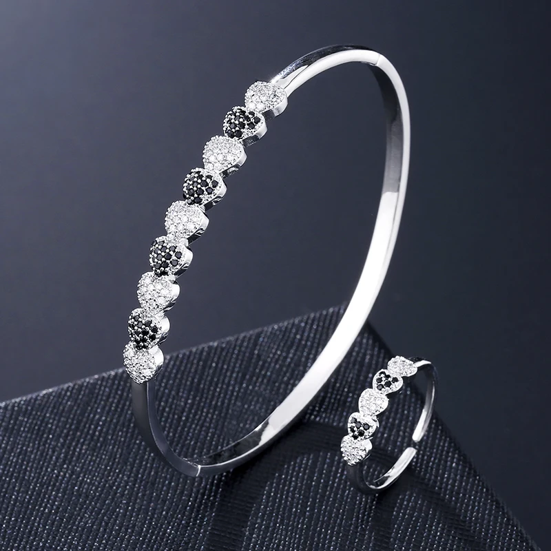 

RAKOL 2022 New Fashon High Quality AAA Cubic Zirconia Heart Rings Bracelet Jewelry Set Women's Adjustable Ring Open Cuff Bangle
