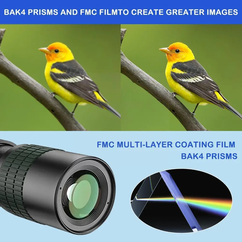 

Монокулярный телескоп с супертелефото зумом 4k 10-300x40 мм, с призматической линзой Bak4 для пляжа, путешествий, активного отдыха, спорта, Y6v6