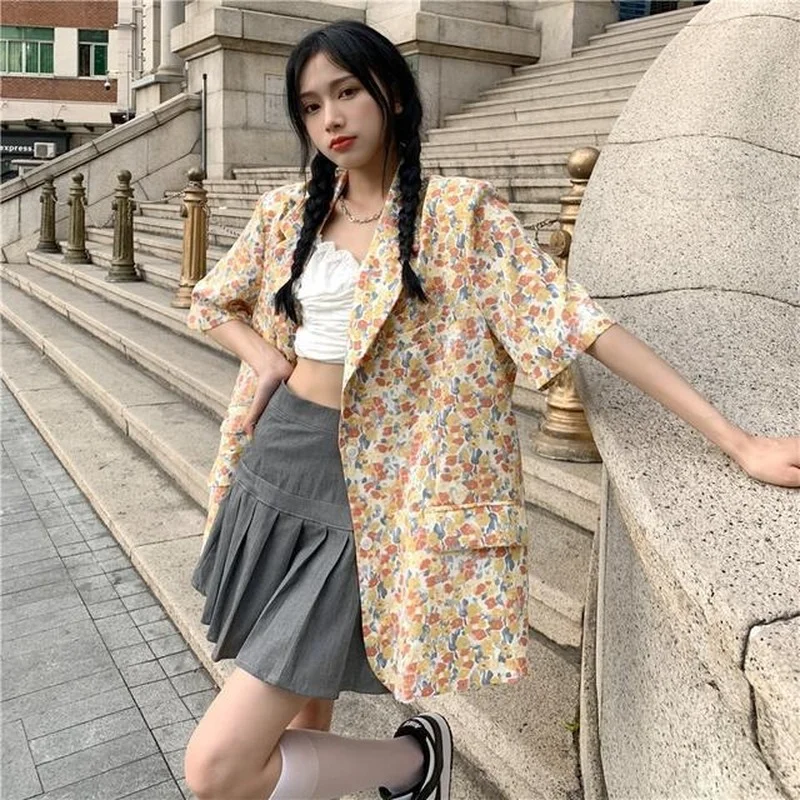 A GIRLS Blazers Women Summer Korean Style Design Loose Vintage Floral Fashion Short Sleeve Outwear BF Retros All-match Sweet Ins
