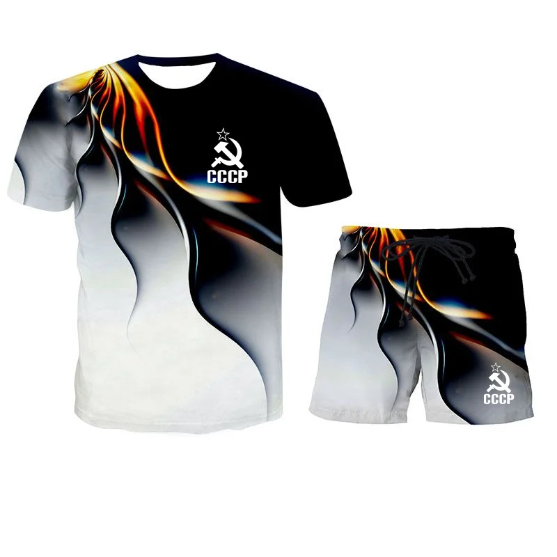 

2022 Summer Fashion Leisure CCCP Russian Men's Suit Cool USSR Soviet Union Man Short-sleeved T-shirt Shorts 2-piece set Size 6XL