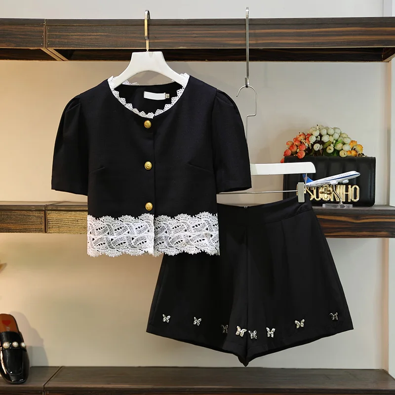 

Women Summer Casual Shorts Two Pieces Set Office Ladies lace patchwork Blazer Top And bow Shorts Sets 2022 Women Clothing chic