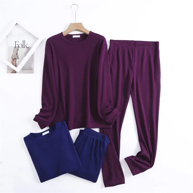 

New Women's Pajamas Long Sleeve Pants Two Piece Waffle Round Neck Solid Pullover Women's Sports Home Suit Sleepwear Pajama