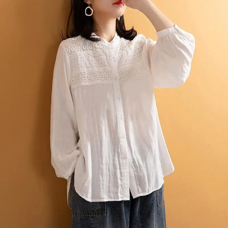 

2022 литературная однотонная хлопковая рубашка в стиле ретро с длинными рукавами и вышивкой, Женская Осенняя свободная хлопковая рубашка, же...
