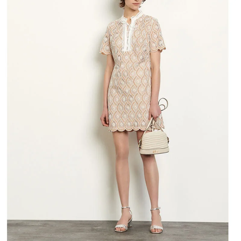 

San New Summer Dress for Women Embroidery Hollow Hook Flower Short-sleeved Dress Elegant Fashion Midi A-LINE O-Neck Viscose