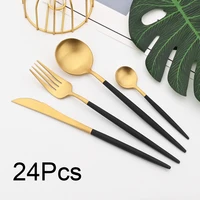24pcs black gold dinnerware stainless steel cutlery set western knife fork spoon dinner tableware kitchen flatware round grip