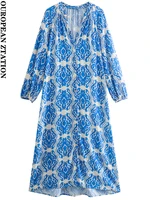 pailete women 2022 fashion printed midi dress vintage v neck long puff sleeve button up emale dresses vestidos mujer