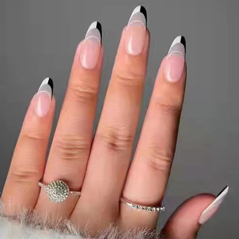 

24PCS Black White Fake Nails Long Pointed Head French Style Finished Nail Piece Removable Save Time with Jelly Gel/Glue MH88