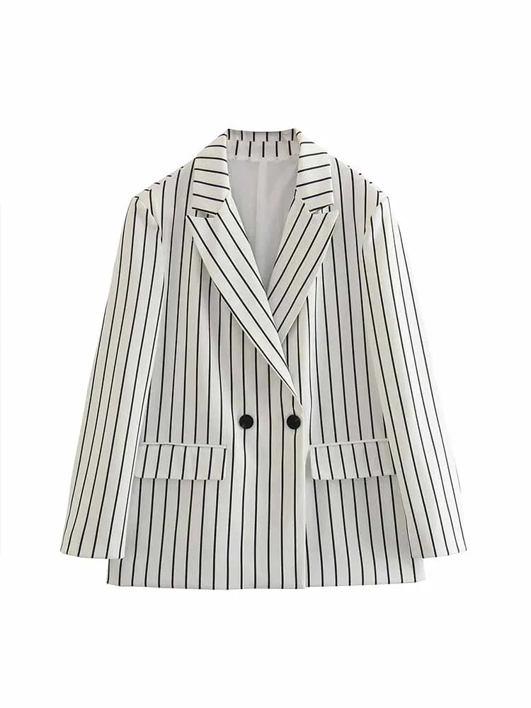 

BSK&ZA&TRF Women 2023 New Fashion Loose stripes Double Breasted Blazer Coat Long Sleeve Pockets Female Outerwear Chic 3455/543