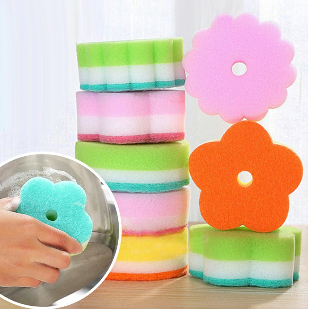

Practical Sponges Scouring Pads Flower Shape Sponge Brush Tableware Glass Wash Dishes Kitchen Cleaning Tool Random Color