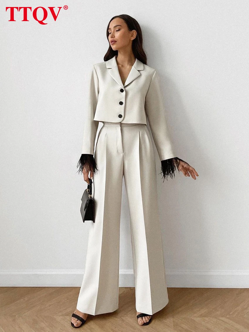 

TTQV Elegant Beige Two Piece Set For Women Fashion Long Sleeve Feathers Crop Tops And High Waist Simple Full Length Pants Sets