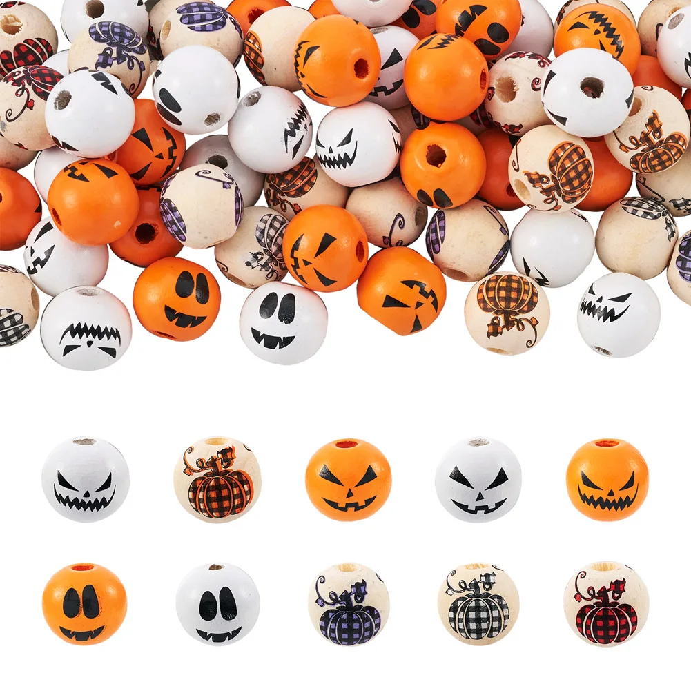 

100Pcs Halloween Wood Beads Round Balls Pumpkin Print Wooden Spacer Beads DIY Farmhouse Beads for Garlands Jewelry Making