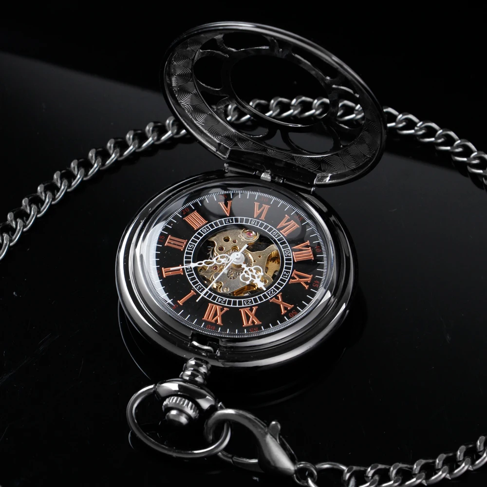 New Black Sculpture Pocket Watch Mechanical Men's Handwind Steam Punk Necklace Fob Watch Chain Roman Digital Clock Women's Men