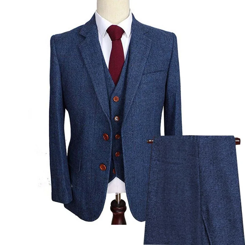 Деловые мужские шерстяные Твидовые костюмы смокинги в елочку с отложным