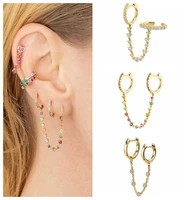 925 sterling silver needle colorful zirconia double circle chain hoop earrings for women cuff buckle cartilage huggie earrings